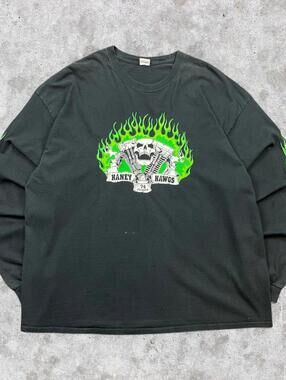 2010's Skull Flame Quad-Hit "Haney Hawgs Motorcycles" Graphic Long Sleeve Shirt